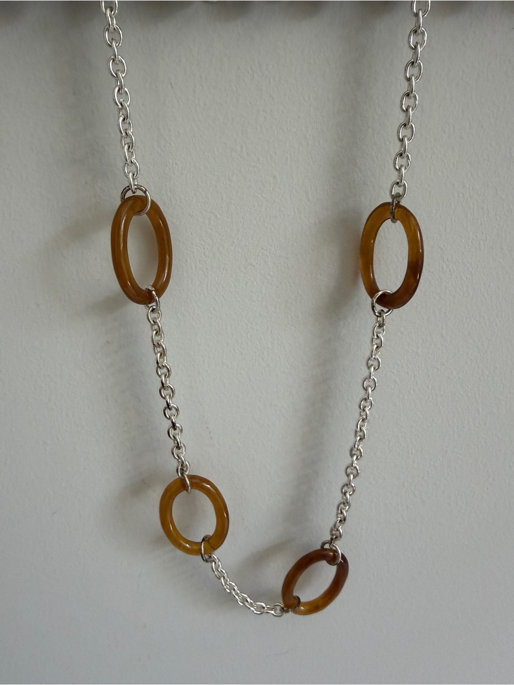 Classic Silvertone and Acrylic Amber Colored Link Necklace - Women Jewelry